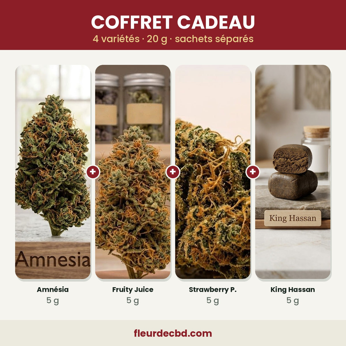 Coffret cadeau CBD 20 g : Amnésia, Fruity Juice, Strawberry Premium et résine King Hassan
