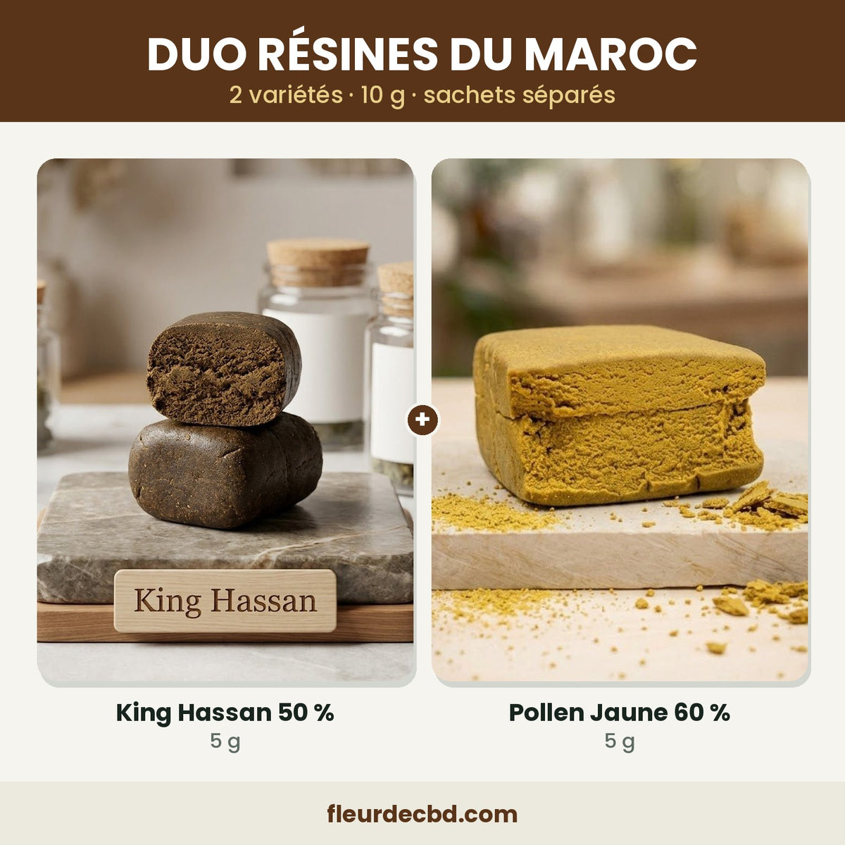 Duo Résines CBD du Maroc : King Hassan et Pollen Jaune, 2 x 5 g