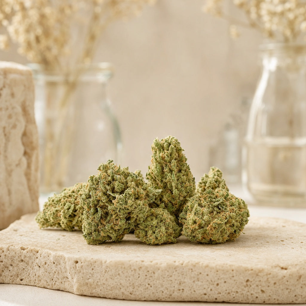 Fleurs de CBD présentées sur une pierre claire, lumière naturelle
