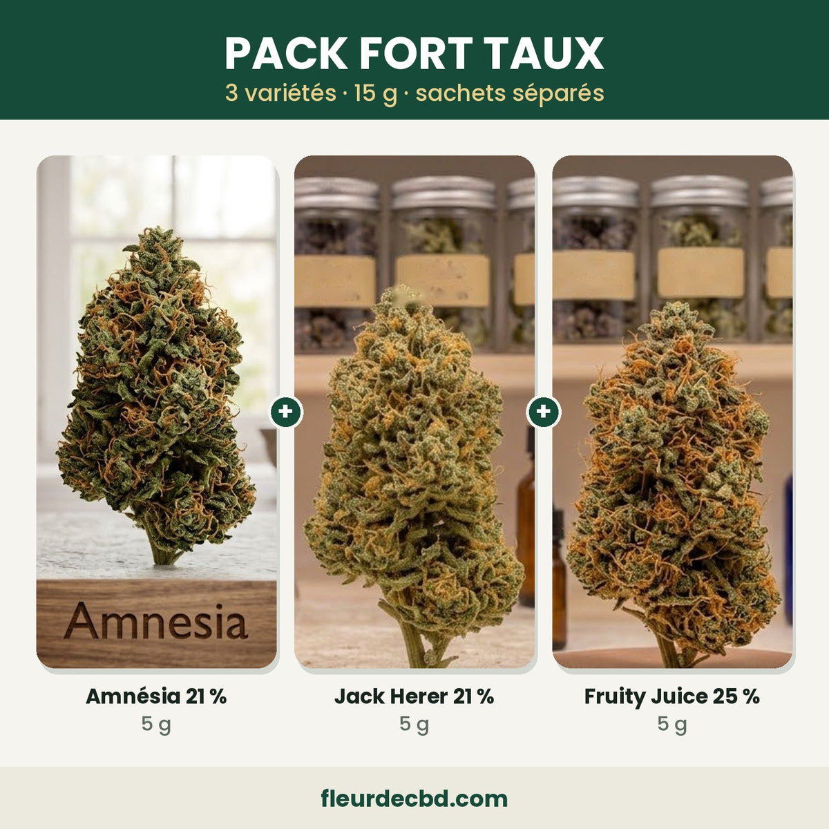 Pack Fort Taux CBD : Amnésia, Jack Herer et Fruity Juice, 3 x 5 g