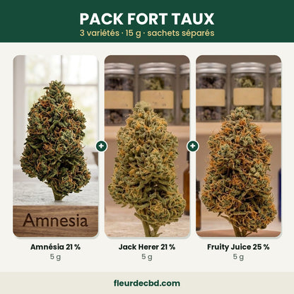 Pack Fort Taux CBD : Amnésia, Jack Herer et Fruity Juice, 3 x 5 g