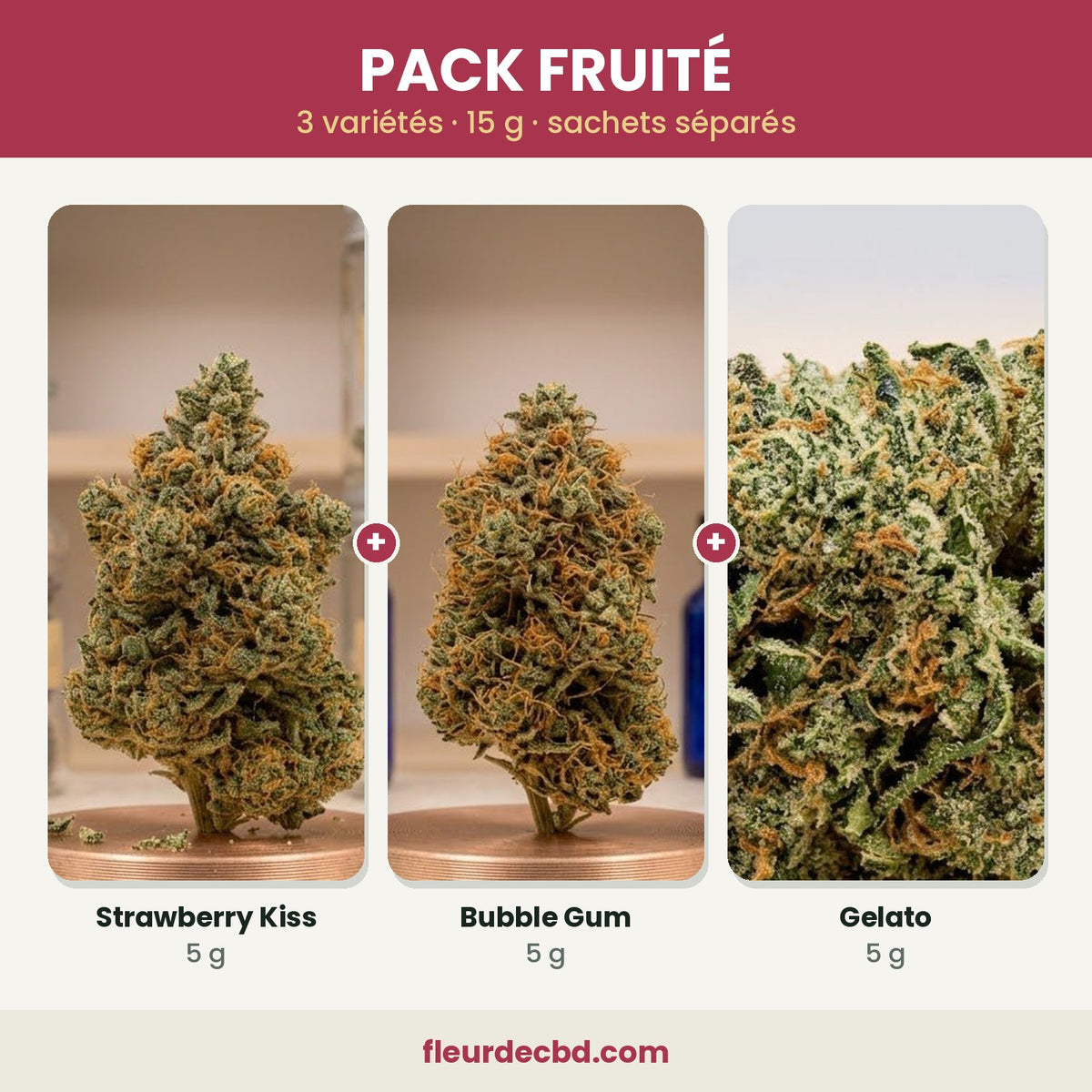 Pack Fruité CBD : Strawberry Kiss, Bubble Gum et Gelato, 3 x 5 g